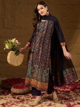 Vaamsi - Women Navy Blue Chanderi Straight Kurta Pant & Dupatta (Set of 3)