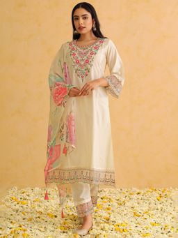 Vaamsi - Women Off White Silk Blend Embroidered Straight Kurta Pant & Dupatta (Set of 3)