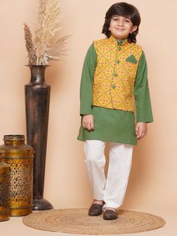 AJ Dezines - Cotton Floral Print Kids Kurta and Pyjama with Waistcoat (Set of 3)