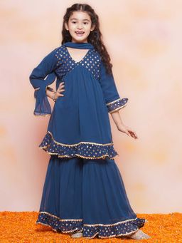 AJ Dezines - Kids Teal Blue Georgette Printed Kurta and Sharara with Dupatta (Set of 3)