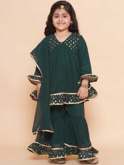 AJ Dezines - Kids Green Georgette Printed Kurta and Sharara with Dupatta (Set of 3)