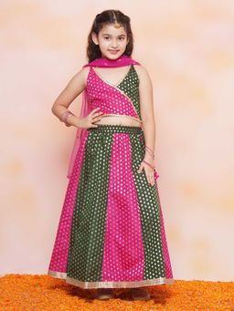 AJ Dezines - Kids Brocade Print Sleeveless Choli and Lehenga with Dupatta (Set of 3)