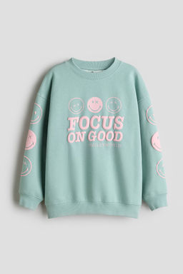 H&M - Girls Green Oversized Print-Motif Sweatshirt