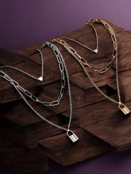 OOMPH - Gold and Silver Link Chain Heart and Lock Multi Layer Necklace (Set of 2)