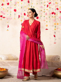 Maison Shefali - Red Sorbet Angarkha Kurta (Set of 2)