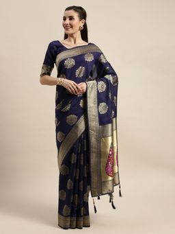 Amrutam Fab - Women's Banarasi Silk Navy Blue Saree with Unstitched Blouse