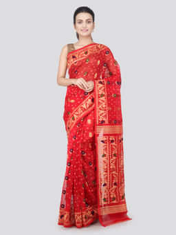 PinkLoom - Womens soft Jamdani Saree without Blouse -Red
