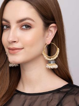 Indya - Gold Blue Enamel Beaded Hoop Jhumka Earrings