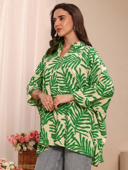 Libas - Green Tropical Printed Kimono Sleeves A-Line Tunic