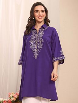 Libas - Purple Floral Embroidered Straight Kurta