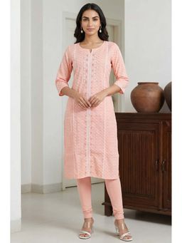 Aurelia - Women's Peach Embroidered Dobby Straight Kurta