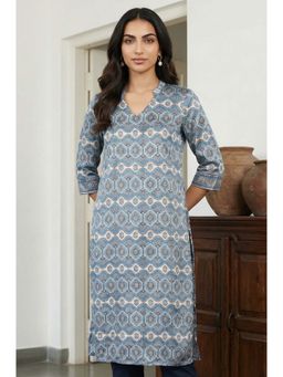 Aurelia - Women's Blue Ethnic Motifs Printed Modal Straight Kurta