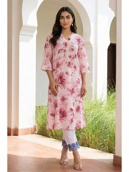 Aurelia - Women's Pink Floral Printed Pure Cotton Straight Kurta