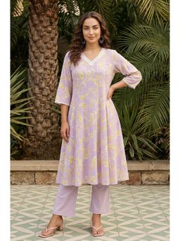 Aurelia - Women's Lavender Floral Printed Pure Cotton Anarkali Kurta