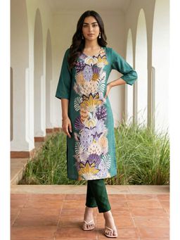 Aurelia - Women's Green Floral Printed Straight Kurta