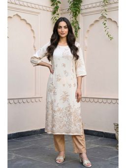 Aurelia - Women's Off White Floral Printed Rayon Straight Kurta