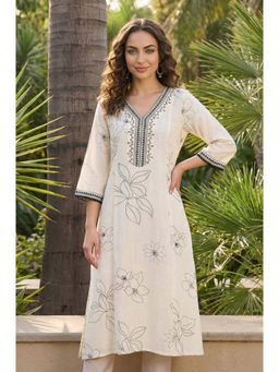 Aurelia - Women's Off White Floral Printed Rayon Straight Kurta