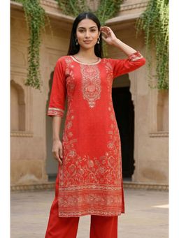 Aurelia - Women's Red Floral Foil Printed Rayon Straight Kurta