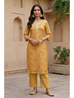 Aurelia - Women's Mustard Floral Printed Georgette Straight Kurta