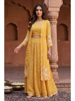 Aurelia - Mustard Embroidered Georgette Crop Top With Sharara & Jacket