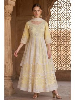 Aurelia - Powder Yellow Thread Embroidered Anarkali Kurta With Leggings & Dupatta