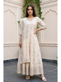 Aurelia - Off White Floral Printed Sequins Anarkali Kurta With Leggings & Dupatta