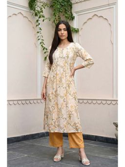 Aurelia - Cream Floral Printed Rayon Straight Kurta With Pant