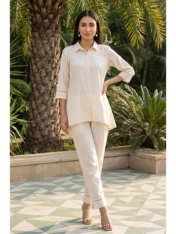 Aurelia - Beige Embroidered Lace Trim Cotton Blend A-Line Co-Ord Set