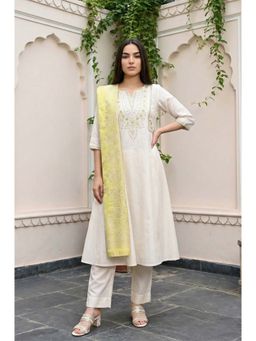 Aurelia - Off White Yarn Dyed Zari Embroidered A-Line Kurta With Pant & Dupatta