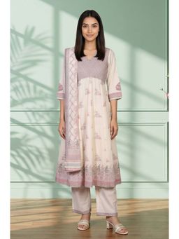 Aurelia - Off White Floral Yarn Dyed Cotton Blend A-Line Kurta With Pant & Dupatta