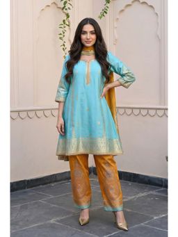 Aurelia - Turquoise Blue Sequins Foil Printed Anarkali Kurta With Pant & Dupatta
