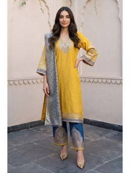 Aurelia - Yellow Embroidered Shantung Straight Kurta With Pant & Dupatta