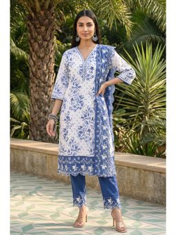 Aurelia - White Floral Embroidered Pure Cotton Straight Kurta With Pant & Dupatta