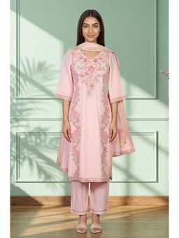 Aurelia - Pink Thread Embroidered Jacquard Straight Kurta With Pant & Dupatta