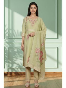 Aurelia - Green Thread Embroidered Jacquard Straight Kurta With Pant & Dupatta