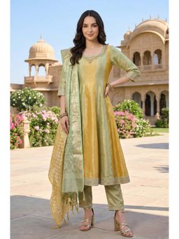 Aurelia - Green & Yellow Colourblocked Zari Tissue Anarkali Kurta With Pant & Dupatta