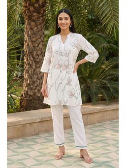 Aurelia - White Thread Embroidered Rayon Straight Kurti With Pant