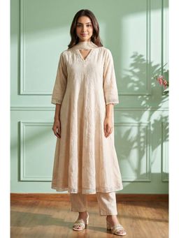 Aurelia - Beige Thread Embroidered Rayon Anarkali Kurta With Pant & Dupatta