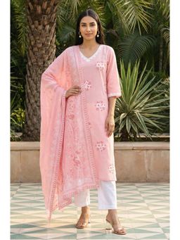 Aurelia - Pink Floral Embroidered Pure Cotton Straight Kurta With Pant & Dupatta