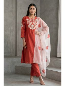 Folksong - Women's Rust Thread Embroidered Cotton Blend Straight Kurta With Pant & Dupatta