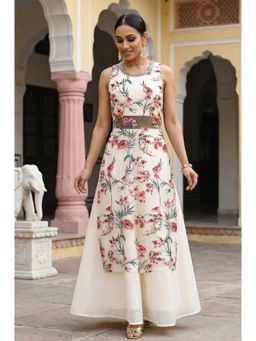 Wishful - Off White Floral Embroidered Mesh Sleeveless Straight Kurta With Skirt