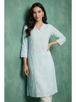 W - Light Blue Chikankari Embroidered Kota Straight Kurta
