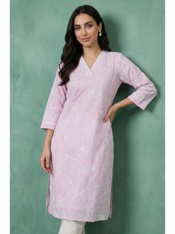 W - Pink Floral Printed Chikankari Embroidered Kota Straight Kurta