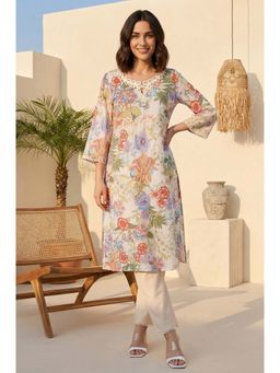 W - Off White Floral Printed Pure Cotton Straight Kurta