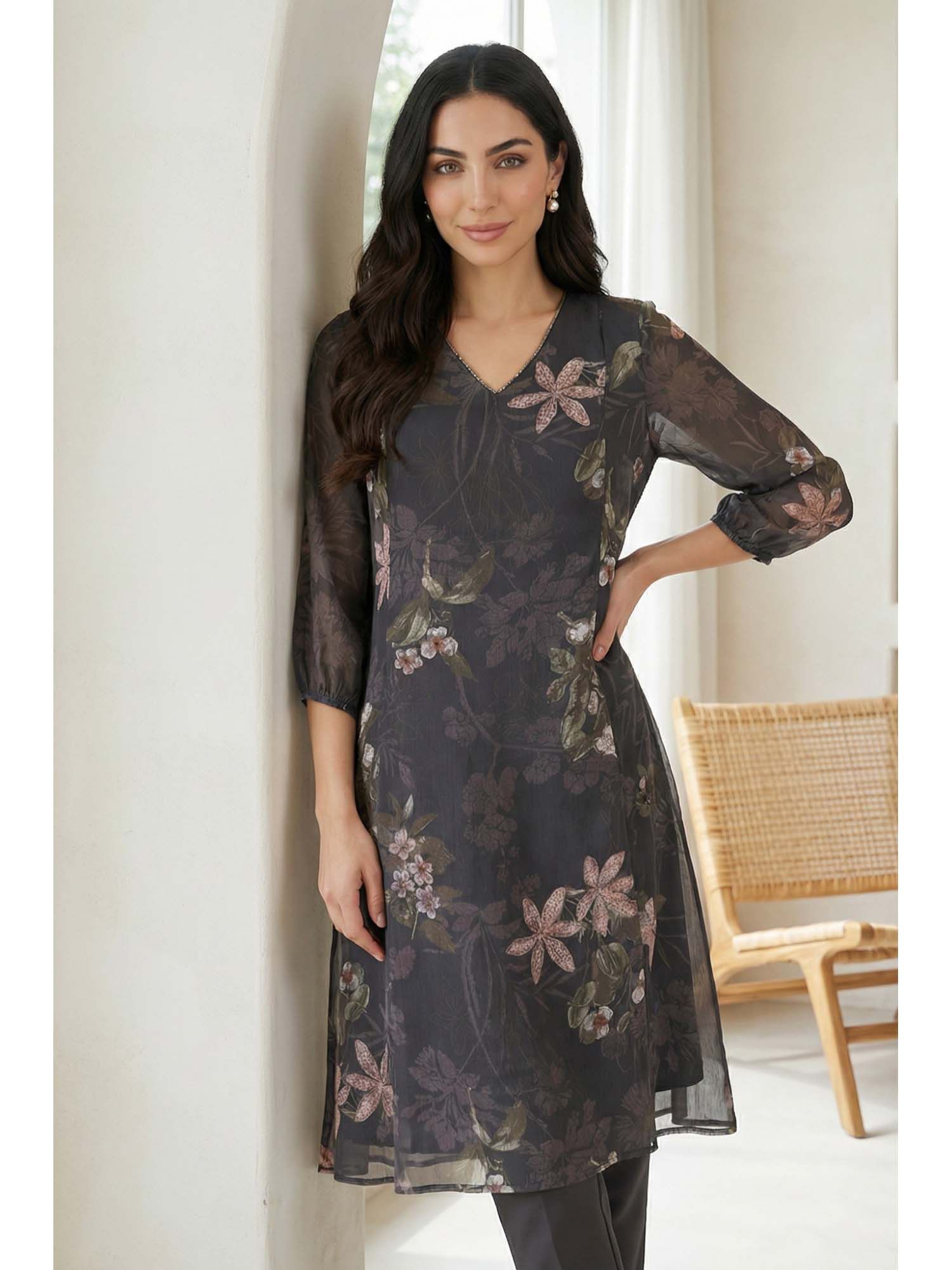Black Floral Printed Chiffon Straight Kurta-image-32