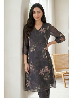 W - Black Floral Printed Chiffon Straight Kurta