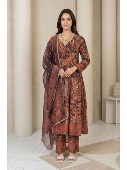 W - Coffee Brown Paisley Printed Velvet A-Line Winter Kurta With Pant & Dupatta