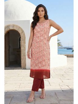 W - Off White Polka Dots Printed Rayon Sleeveless Straight Kurta With Pant