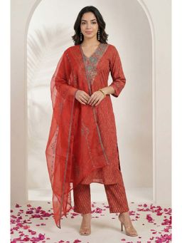 W - Red Floral Printed Sequins Chanderi Straight Kurta With Pant & Dupatta