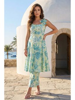 W - Green Floral Printed Pure Cotton Sleeveless A-Line Co-Ord Set